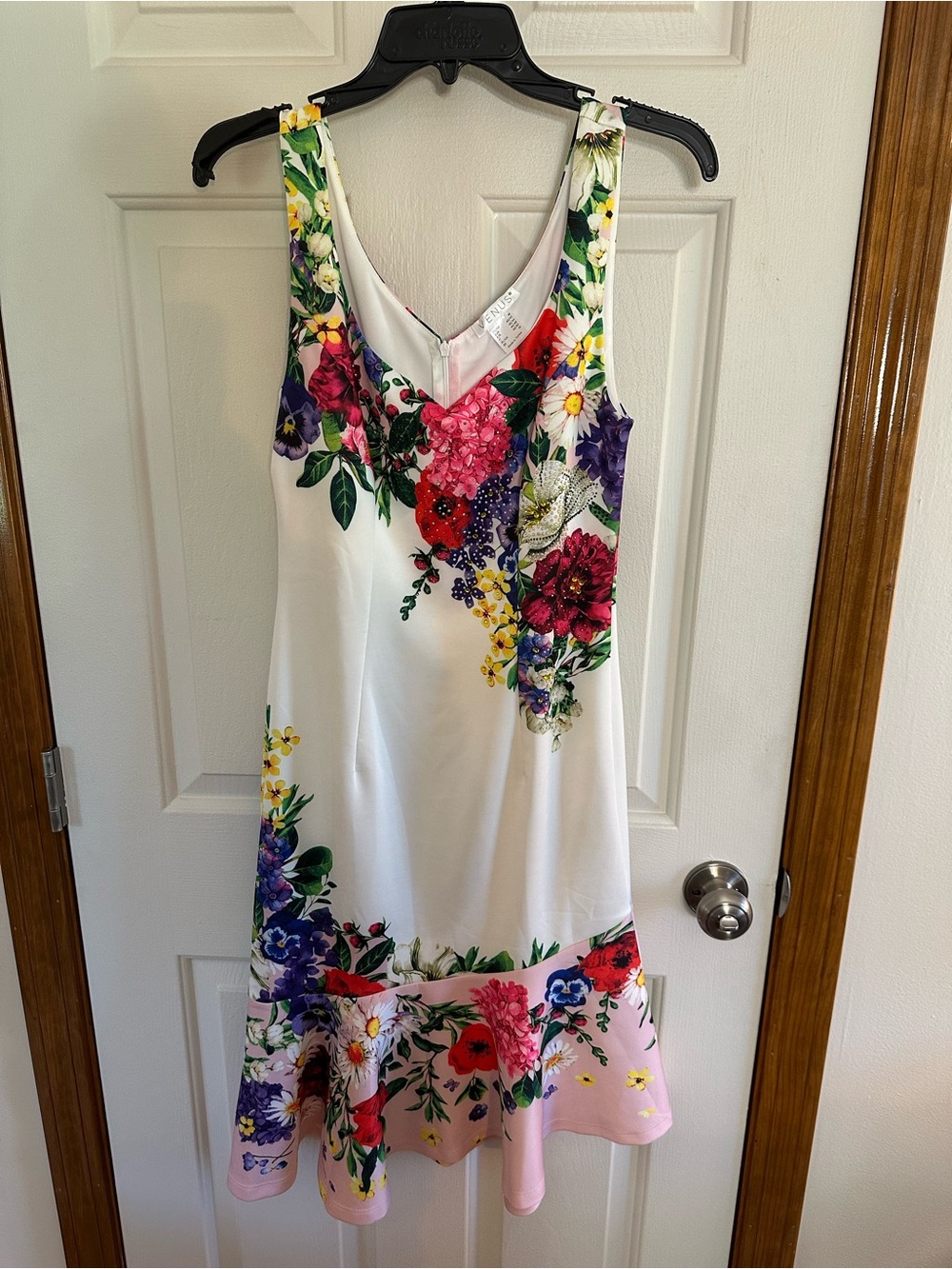VENUS White Dress with Pink Hem and Multicolor Floral Print